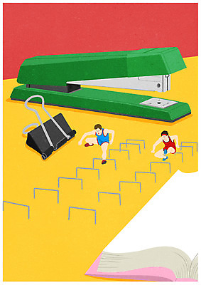 PSD 남자 포스터 스포츠 일러스트 성인 두명 책 달리기 사무용품 허들 스테이플러 육상스포츠 책상 클립 소인국 스테이플러심 국내일러스트 가구 모션 문구용품 사람 장애물 파일형식