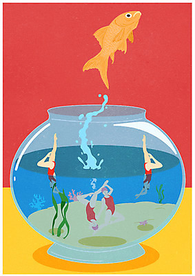 전신 PSD 여자 포스터 일러스트 여러명 성인 어항 금붕어 수중발레 소인국 국내일러스트 다수 어류 사람 수중스포츠 파일형식