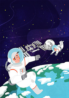 전신 PSD 남자 별 지구 일러스트 웃음 성인 두명 우주 우주비행사 우주복 탐사 우주정거장 우주탐사 국내일러스트 자연요소 옷 표정 사람 파일형식