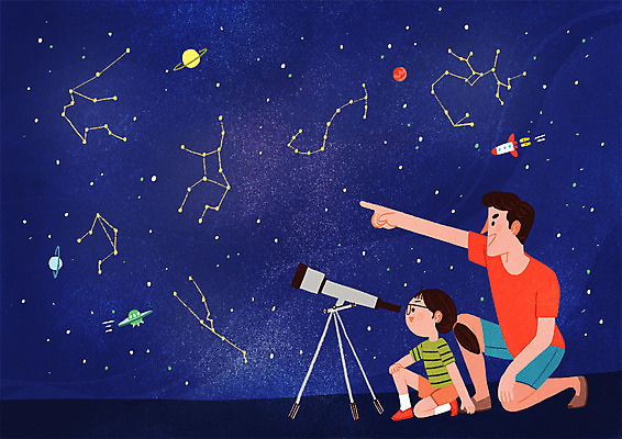 전신 PSD 응시 여자 남자 별 어린이 일러스트 웃음 앉기 소녀 성인 두명 별자리 행성 로켓 가리킴 관측 천체망원경 부녀 국내일러스트 자연요소 시선 딸 가족 모션 표정 사람 손짓 우주 망원경 아빠 파일형식