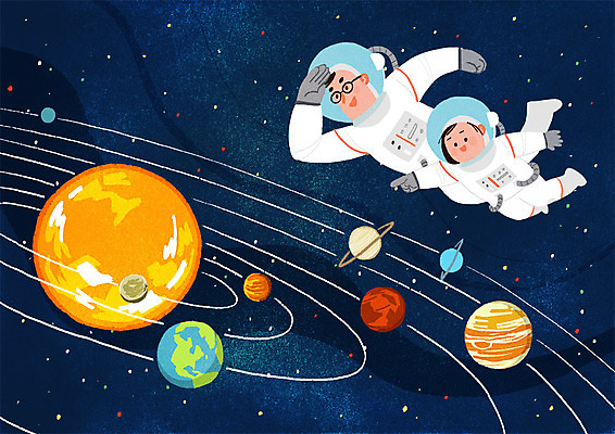 전신 PSD 여자 남자 어린이 일러스트 가족 웃음 성인 두명 우주 행성 우주비행사 가리킴 우주복 태양계 탐사 우주탐사 부녀 국내일러스트 옷 딸 관계 표정 사람 손짓 아빠 파일형식