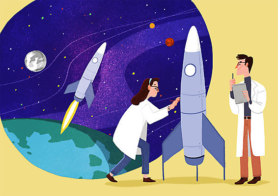 전신 PSD 여자 남자 지구 일러스트 실험 서기 성인 두명 우주 행성 로켓 달 연구원 우주선 과학자 비행선 국내일러스트 자연요소 직업 과학 모션 사람 학자 파일형식