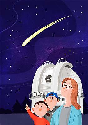 PSD 여자 남자 딸 별 아들 어린이 일러스트 가족 하늘 엄마 서기 상반신 성인 세명 유성 관측 관측소 우주관측 국내일러스트 자연요소 관계 모션 사람 파일형식