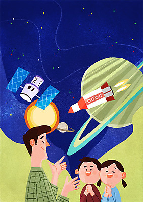 PSD 여자 남자 딸 별 아들 어린이 생각 일러스트 가족 상상 이야기 상반신 성인 세명 우주 행성 인공위성 아빠 우주선 국내일러스트 자연요소 통신 관계 사람 파일형식