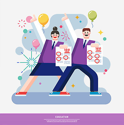 전신 학생 여자 교육 남자 교복 일러스트 청소년 폭죽 서기 두명 인포그래픽 시험 성적 시험지 풍선 100점 국내일러스트 AI파일 옷 모션 사람 점수 파일형식 벡터