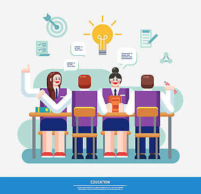 전신 학생 여자 교육 남자 교복 의자 일러스트 전구 청소년 회의 아이디어 앉기 여러명 책 인포그래픽 책상 국내일러스트 AI파일 옷 가구 다수 컨셉 비즈니스 모션 사람 파일형식 벡터