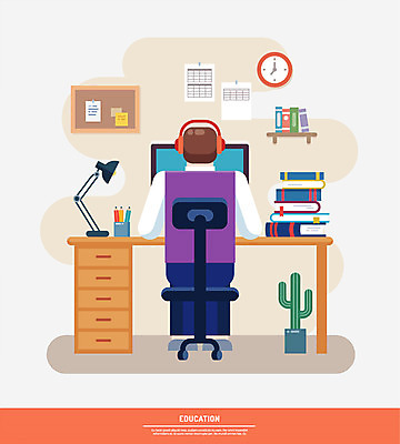 전신 학생 교육 남자 교복 시계 의자 일러스트 청소년 한명 앉기 책 컴퓨터 헤드셋 인포그래픽 책상 과제 온라인강의 국내일러스트 AI파일 1 옷 음향기기 가구 모션 사람 전자제품 헤드폰 강의 파일형식 벡터 언택트