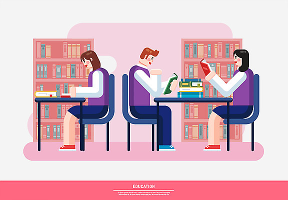 전신 학생 여자 교육 남자 교복 의자 일러스트 청소년 책장 앉기 책 세명 독서 인포그래픽 도서관 책상 국내일러스트 AI파일 옷 가구 모션 사람 파일형식 벡터