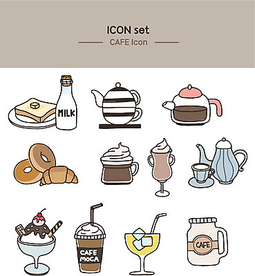 아이콘 커피 음료 빵 주전자 아이스크림 디저트 사람없음 케이크 카페 우유 도넛 크루아상 라인아이콘 2D아이콘 AI파일 음식 주방용품 유제품 상점 파일형식 벡터
