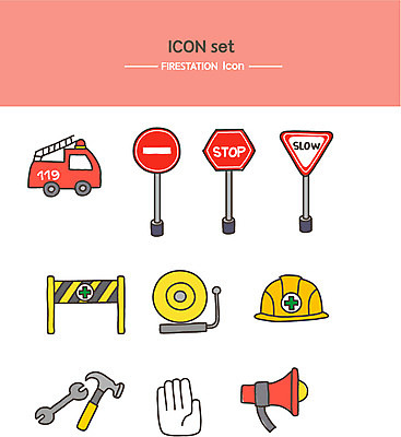 아이콘 사람없음 확성기 공구 표지판 안전모 위험 라인아이콘 소방차 경고등 2D아이콘 AI파일 컨셉 자동차 알림판 도구 헬멧 안전장비 파일형식 벡터