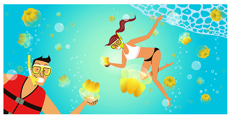 전신 여자 남자 행복 바다 해외여행 여행 일러스트 휴가 상반신 성인 두명 관광지 여행객 수영 동남아시아 물방울 물안경 즐거움 스쿠버다이빙 힐링 구명조끼 해파리 동남아여행 팔라우 국내일러스트 AI파일 해외 감정 아시아 사람 수상스포츠 오세아니아 자포동물 수영용품 구조용품 파일형식 벡터