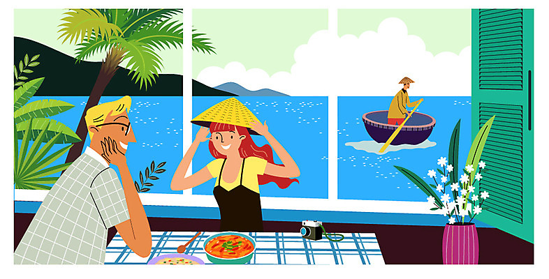 외국인 나무 구름 모자 커플 여자 남자 행복 바다 해외여행 여행 일러스트 하늘 휴가 앉기 상반신 성인 세명 관광지 여행객 카메라 동남아시아 즐거움 휴양지 힐링 베트남 동남아여행 국내일러스트 AI파일 자연요소 식물 해외 잡화 감정 아시아 관계 모션 사람 인종 전자제품 장소 파일형식 벡터