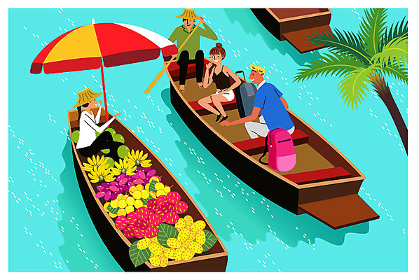 전신 여자 남자 행복 해외여행 여행 일러스트 배낭 태국 휴가 바나나 앉기 여러명 성인 강 야자수 여행객 동남아시아 파라솔 뱃사공 즐거움 힐링 장사 동남아여행 수상시장 선박 국내일러스트 AI파일 나무 해외 감정 아시아 다수 수상교통 가방 과일 모션 사람 시장 상업 파일형식 벡터