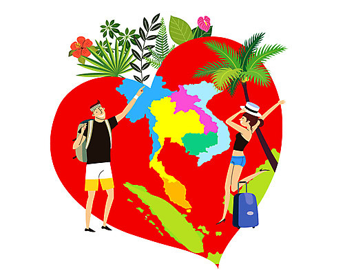 전신 커플 여자 남자 꽃 행복 해외여행 여행 지도 일러스트 배낭 휴가 서기 성인 두명 야자수 여행객 캐리어 동남아시아 하트 즐거움 힐링 동남아여행 국내일러스트 AI파일 모양 나무 식물 해외 감정 아시아 가방 관계 모션 사람 여행가방 파일형식 벡터