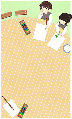 PSD 학생 여자 교육 남자 종이 의자 일러스트 학교 청소년 수업 프레임 미술 앉기 상반신 두명 스쿨라이프 붓 물통 책상 크레파스 프레임일러스트 국내일러스트 라이프스타일 가구 모션 문화예술 학용품 사람 파일형식