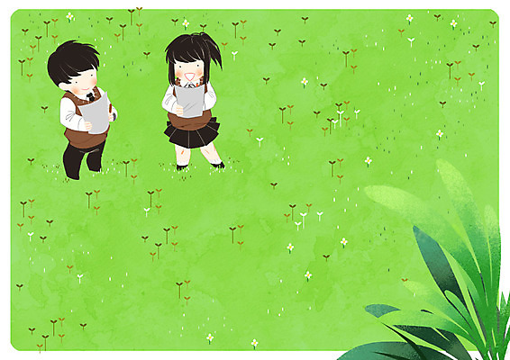 전신 PSD 학생 교육 종이 일러스트 학교 청소년 수업 프레임 서기 초원 야외 두명 연필 스쿨라이프 새싹 관찰 발표 프레임일러스트 국내일러스트 식물 라이프스타일 모션 학용품 사람 필기구 파일형식