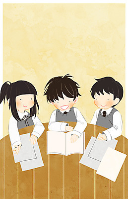 PSD 학생 여자 교육 남자 종이 일러스트 학교 청소년 수업 프레임 앉기 상반신 책 세명 스쿨라이프 토론 책상 프레임일러스트 국내일러스트 라이프스타일 가구 모션 사람 파일형식