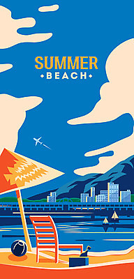 모래 바다 일러스트 공 하늘 휴가 해변 사람없음 여름 여름휴가 바캉스 파라솔 해수욕장 휴양지 힐링 국내일러스트 AI파일 계절 장소 파일형식 벡터 여름_계절