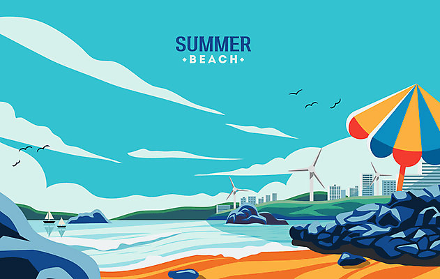 모래 바다 여행 일러스트 갈매기 하늘 휴가 해변 사람없음 건물 여름 여름휴가 바캉스 돌_바위 파라솔 해수욕장 휴양지 힐링 국내일러스트 AI파일 건축물 계절 조류 장소 파일형식 벡터 여름_계절