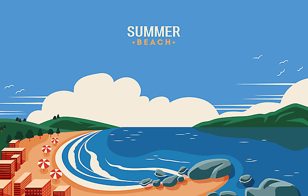 구름 모래 바다 섬 여행 일러스트 갈매기 하늘 휴가 해변 사람없음 건물 여름 여름휴가 바캉스 돌_바위 파라솔 해수욕장 휴양지 힐링 국내일러스트 AI파일 자연요소 건축물 계절 조류 장소 파일형식 벡터 여름_계절