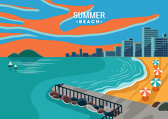 모래 바다 여행 요트 일러스트 하늘 휴가 해변 사람없음 건물 여름 여름휴가 바캉스 파라솔 해수욕장 휴양지 방파제 힐링 국내일러스트 AI파일 건축물 계절 공공시설 배_교통 장소 파일형식 벡터 여름_계절