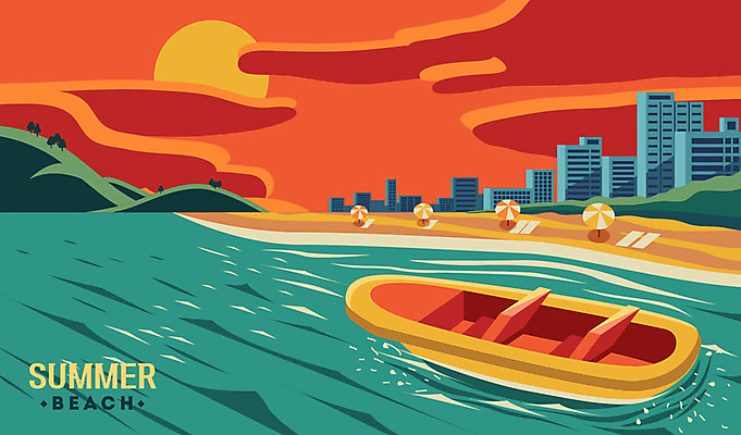 모래 바다 여행 일러스트 하늘 휴가 해변 사람없음 건물 여름 여름휴가 바캉스 노을 해수욕장 언덕 휴양지 힐링 선박 국내일러스트 AI파일 자연요소 건축물 계절 수상교통 장소 파일형식 벡터 여름_계절