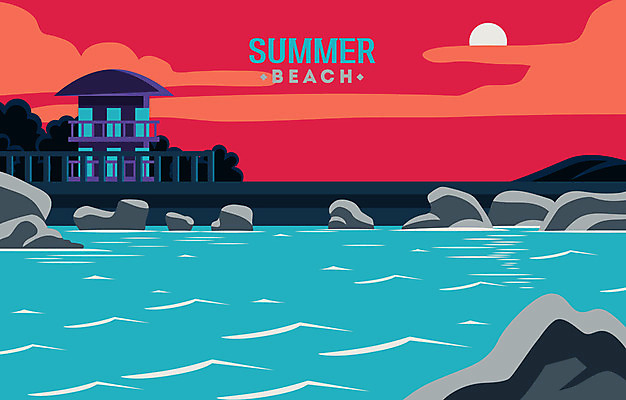 바다 일러스트 하늘 휴가 등대 해변 사람없음 여름 여름휴가 바캉스 노을 돌_바위 해수욕장 힐링 국내일러스트 AI파일 자연요소 계절 파일형식 벡터 여름_계절