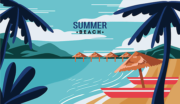 모래 바다 여행 일러스트 하늘 휴가 해변 사람없음 여름 여름휴가 바캉스 야자수 해수욕장 휴양지 힐링 선박 국내일러스트 AI파일 나무 계절 수상교통 장소 파일형식 벡터 여름_계절