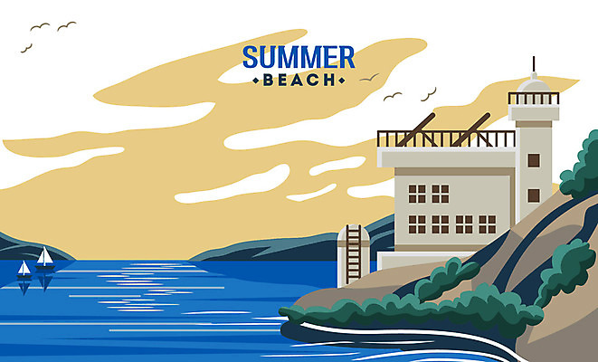 바다 섬 여행 요트 일러스트 갈매기 하늘 휴가 등대 사람없음 여름 여름휴가 바캉스 휴양지 국내일러스트 AI파일 계절 배_교통 조류 장소 파일형식 벡터 여름_계절