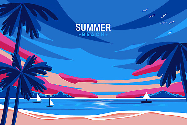 모래 바다 여행 요트 일러스트 하늘 휴가 해변 사람없음 여름 여름휴가 바캉스 야자수 노을 해수욕장 휴양지 힐링 국내일러스트 AI파일 자연요소 나무 계절 배_교통 장소 파일형식 벡터 여름_계절