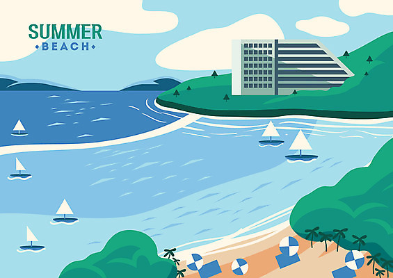 모래 바다 여행 일러스트 하늘 리조트 휴가 해변 사람없음 건물 여름 여름휴가 바캉스 파라솔 해수욕장 휴양지 힐링 선박 국내일러스트 AI파일 건축물 계절 수상교통 장소 파일형식 벡터 여름_계절