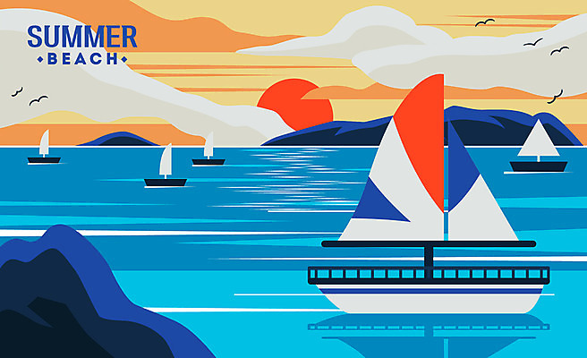바다 여행 요트 일러스트 하늘 휴가 사람없음 여름 여름휴가 바캉스 노을 휴양지 힐링 국내일러스트 AI파일 자연요소 계절 배_교통 장소 파일형식 벡터 여름_계절