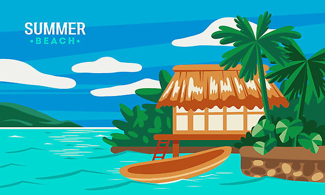 바다 여행 일러스트 하늘 리조트 휴가 주택 사람없음 여름 여름휴가 바캉스 야자수 휴양지 힐링 수상가옥 선박 국내일러스트 AI파일 나무 계절 수상교통 건물 장소 파일형식 벡터 여름_계절