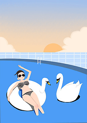 PSD 라이프스타일 여자 일러스트 수영장 한명 상반신 성인 여름 비키니 즐거움 백조 튜브 국내일러스트 1 계절 수영복 감정 조류 사람 생활 파일형식