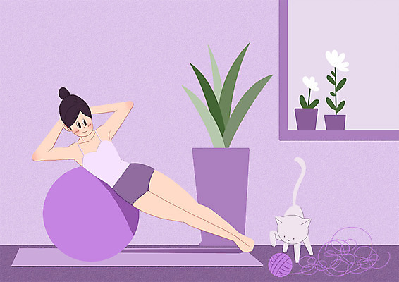 전신 PSD 한마리 라이프스타일 여자 화분 일러스트 요가 건강 한명 성인 고양이 매트 털실 짐볼 즐거움 반려 국내일러스트 1 웰빙 감정 포유류 사람 생활 반려동물 실 파일형식