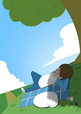 전신 PSD 나무 라이프스타일 남자 일러스트 한명 초원 성인 눕기 고양이 그늘 언덕 즐거움 돗자리 낮잠 반려 국내일러스트 식물 1 감정 포유류 모션 사람 생활 반려동물 잠 파일형식