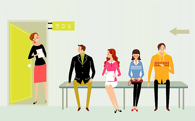 전신 여자 남자 화살표 일러스트 회사 비즈니스 직장 서기 앉기 여러명 성인 구직 대기 준비 면접 취업준비생 순서 국내일러스트 AI파일 다수 컨셉 모션 사람 파일형식 벡터