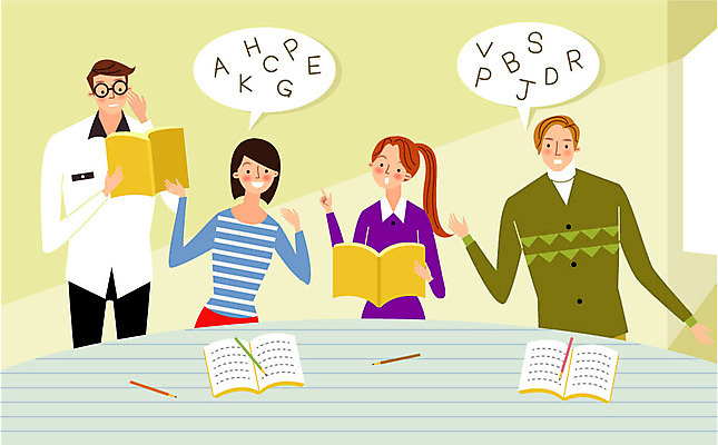 영어 여자 남자 일러스트 대화 회화 서기 앉기 여러명 상반신 성인 책 펜 취업준비생 국내일러스트 AI파일 문자 다수 모션 말하기 사람 필기구 구직 파일형식 벡터