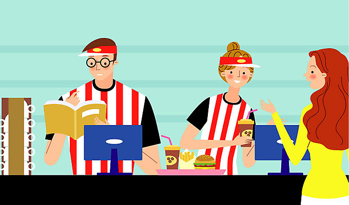 여자 남자 커피 일러스트 회사 비즈니스 직장 패스트푸드 들기 앉기 상반신 성인 책 컵 세명 구직 감자튀김 햄버거 계산대 취업준비생 주문 아르바이트 손님맞이 주유소점원 최저임금 비정규직 국내일러스트 AI파일 식기 음료 컨셉 모션 감자 사람 경제 튀김 인스턴트 직원 파일형식 벡터