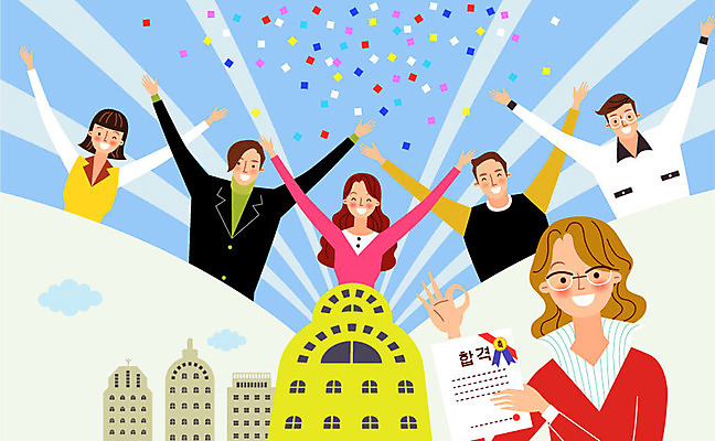 구름 여자 남자 일러스트 회사 비즈니스 직장 서기 여러명 상반신 성인 건물 기쁨 구직 합격 취업준비생 꽃가루 임원 국내일러스트 AI파일 자연요소 건축물 감정 다수 컨셉 모션 사람 가루 파일형식 벡터