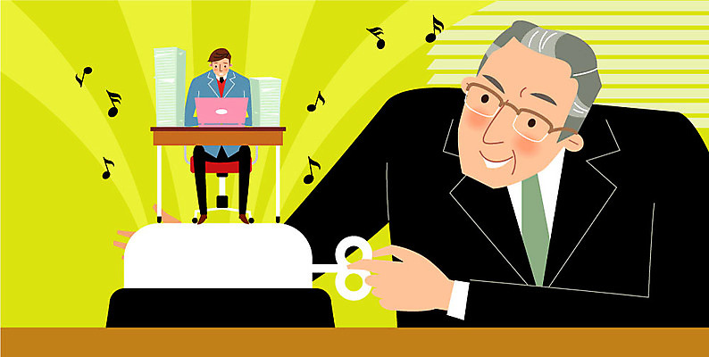 전신 노년 남자 종이 인형 음표 일러스트 회사 비즈니스 직장 앉기 상반신 성인 두명 컴퓨터 상사 직원 문서 태엽 오르골 원격조종 임원 국내일러스트 AI파일 기호 음악 모션 사람 전자제품 파일형식 벡터