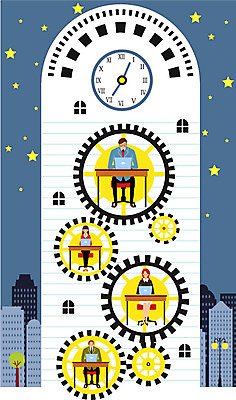 전신 나무 여자 남자 별 시계 가로등 일러스트 회사 비즈니스 직장 앉기 여러명 성인 건물 구직 업무 야간 책상 취업준비생 야근 쳇바퀴 국내일러스트 AI파일 자연요소 식물 건축물 공공시설 가구 다수 컨셉 모션 사람 작업 파일형식 벡터