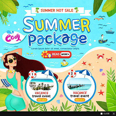 PSD 템플릿 여자 여행 웹템플릿 물놀이 휴가 불가사리 팝업 이벤트팝업 웹팝업 이벤트 성인 해변 세명 여름 여름휴가 바캉스 비키니 야자수 꽃게 파라솔 패키지 이미지템플릿 나무 계절 수영복 바다 놀이 극피동물 사람 게 파일형식 여름_계절