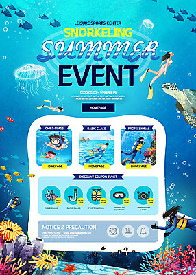 PSD 템플릿 여자 남자 어린이 웹템플릿 휴가 이벤트페이지 어류 이벤트 여러명 성인 여름 여름휴가 바캉스 바닷속 스노클링 해조류 거북이 잠수 스쿠버다이빙 해파리 이미지템플릿 계절 다수 파충류 사람 수중 수중동물 수상스포츠 해양식물 자포동물 페이지 파일형식 여름_계절