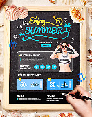 PSD 템플릿 손 여자 웹템플릿 휴가 이벤트페이지 이벤트 20대 성인 두명 신체부위 여름 여름휴가 바캉스 볼펜 칠판 한국인 기록 조개껍데기 소라 쿠폰 이미지템플릿 계절 조개 어패류 사람 동양인 청년 펜 페이지 파일형식 여름_계절