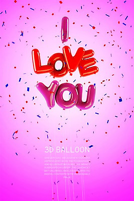 PSD 편집이미지 분홍색 사랑 타이포그라피 사람없음 그래픽 3D 디지털합성 꽃가루 풍선 아이러브유 편집3D 문자 감정 컬러 가루 파일형식