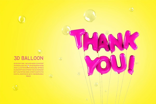 PSD 편집이미지 분홍색 타이포그라피 사람없음 그래픽 노란색 3D 비눗방울 디지털합성 감사 풍선 땡큐 편집3D 문자 감정 컬러 파일형식