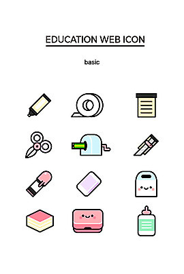 아이콘 교육 문구용품 가위 사람없음 세트 펜 귀여움 다양 쓰레기통 메모지 칼 지우개 테이프 웹아이콘 색종이 필통 형광펜 연필깎이 접착풀 2D아이콘 AI파일 종이 다수 컨셉 학용품 필기구 사무용품 풀_접착제 오브젝트 파일형식 벡터