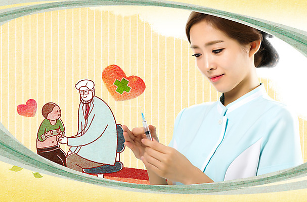 PSD 편집이미지 여자 남자 어린이 의학 건강 주사기 들기 상반신 20대 성인 세명 진료 한국인 환자 간호사 의사 하트 청진 이미지편집 모양 의료기기 모션 사람 동양인 청년 의료진 파일형식