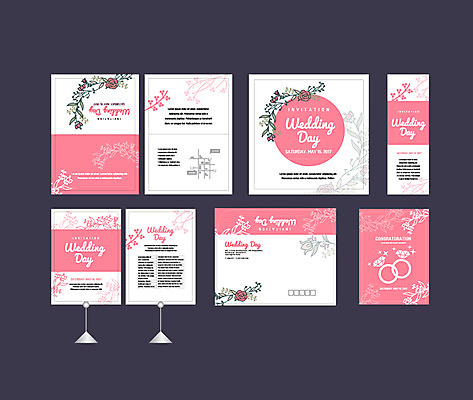 템플릿 배너템플릿 꽃 분홍색 결혼 이벤트 사람없음 세트 현수막 반지 전단 엽서 초대장 약도 소봉투 행사세트 행사템플릿 AI파일 식물 배너 컬러 지도 장신구 편지봉투 카드_감사 편지 홍보물 파일형식 벡터